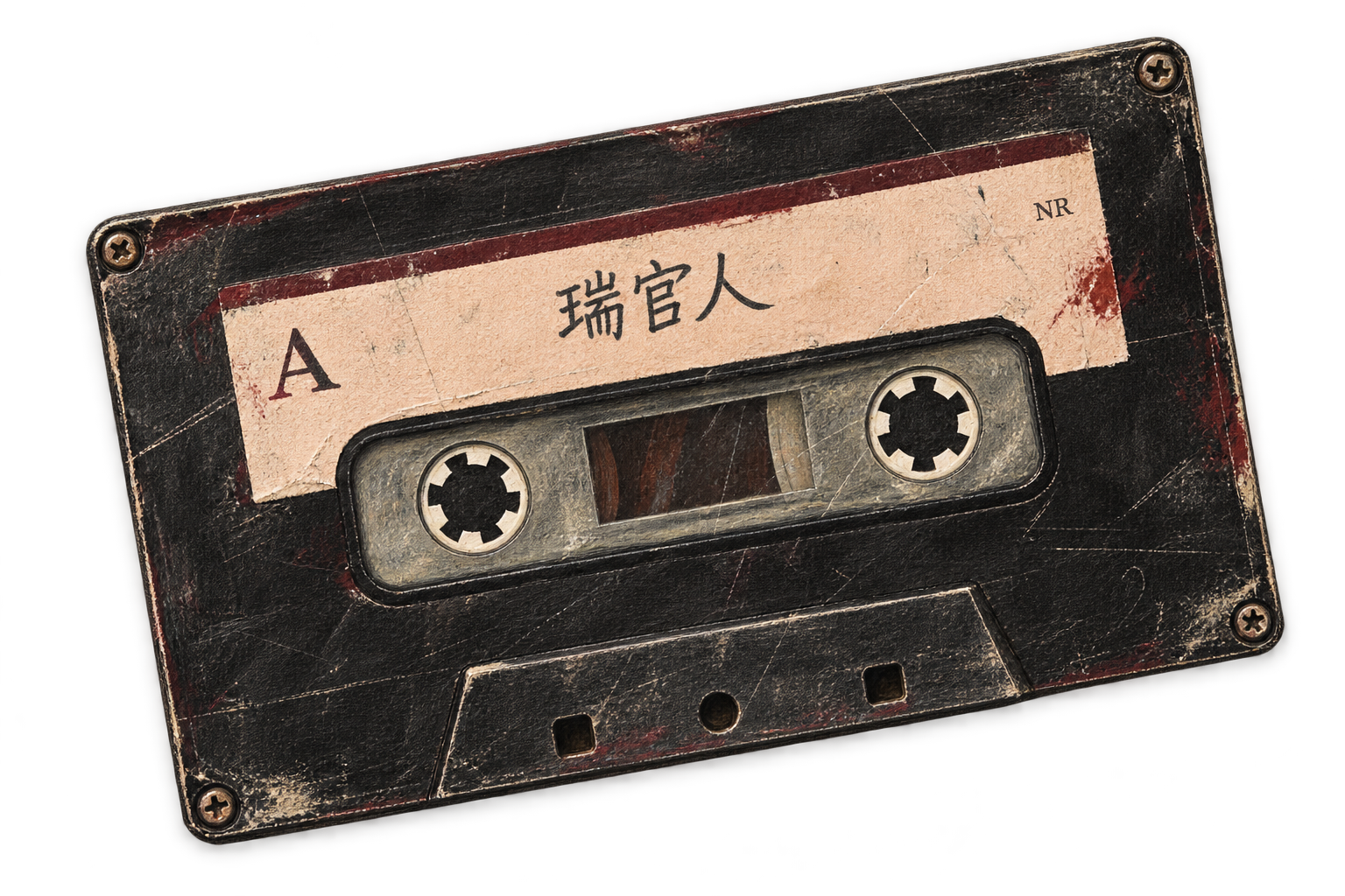 瑞官人的錄音卡帶，以素描線條與油彩紋理繪製